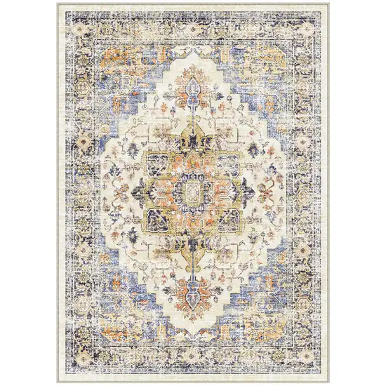Ivory Blue And Orange Medallion Washable Area Rug Photo 2