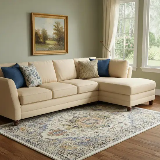 Ivory Blue And Orange Medallion Washable Area Rug Photo 1