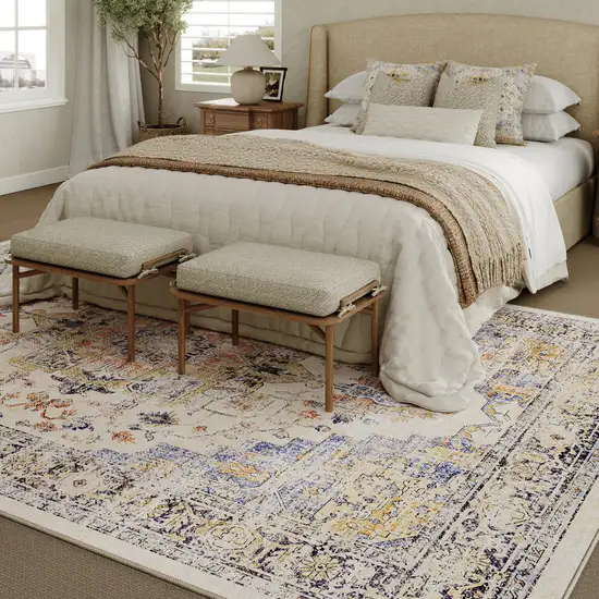 Ivory Blue And Orange Medallion Washable Area Rug Photo 5