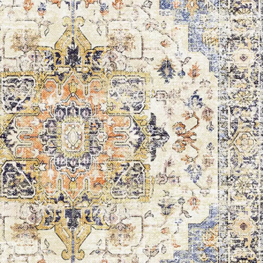 Ivory Blue And Orange Medallion Washable Area Rug Photo 4