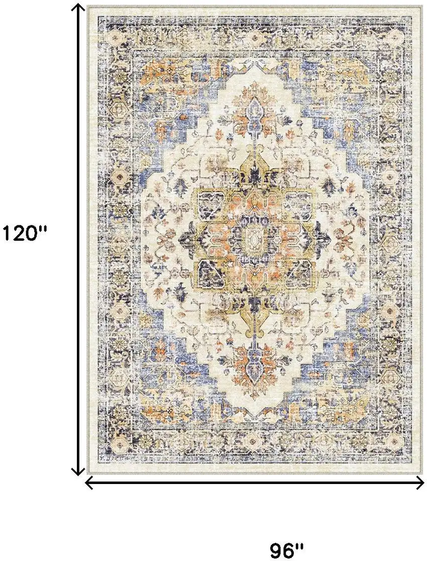 Ivory Blue And Orange Medallion Washable Area Rug Photo 3