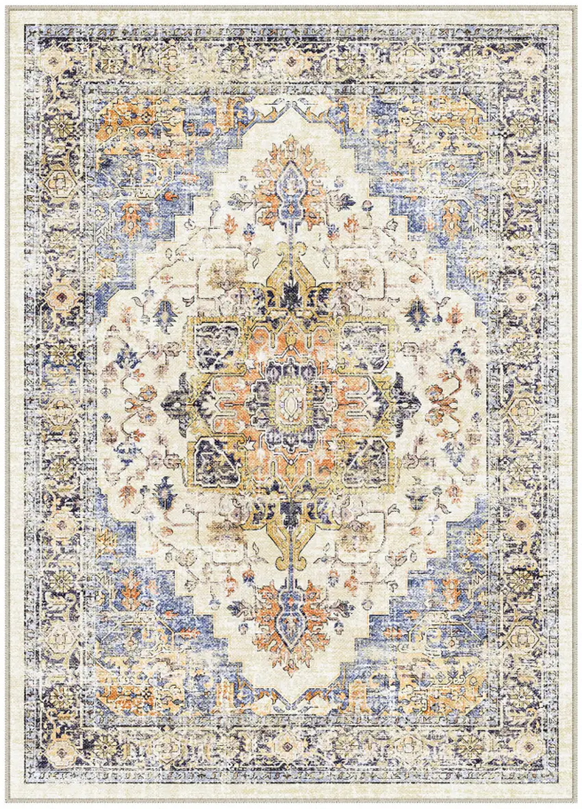 Ivory Blue And Orange Medallion Washable Area Rug Photo 2