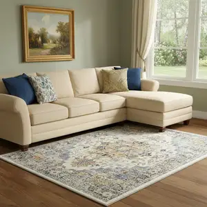 Photo of Ivory Blue And Orange Medallion Washable Area Rug