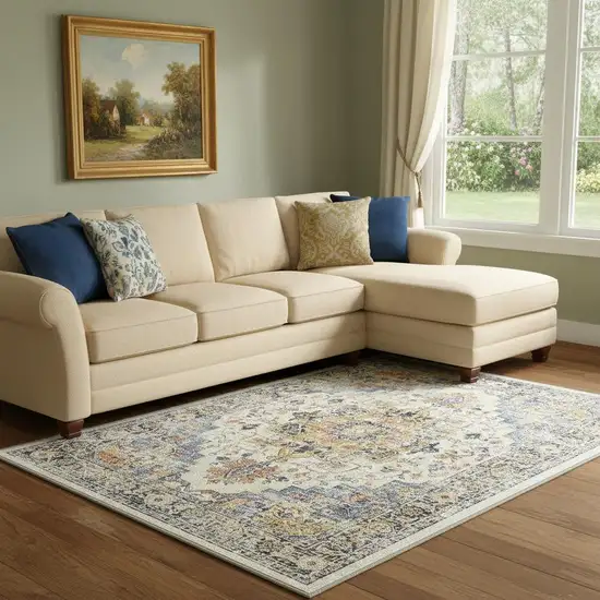 Ivory Blue And Orange Medallion Washable Area Rug Photo 1