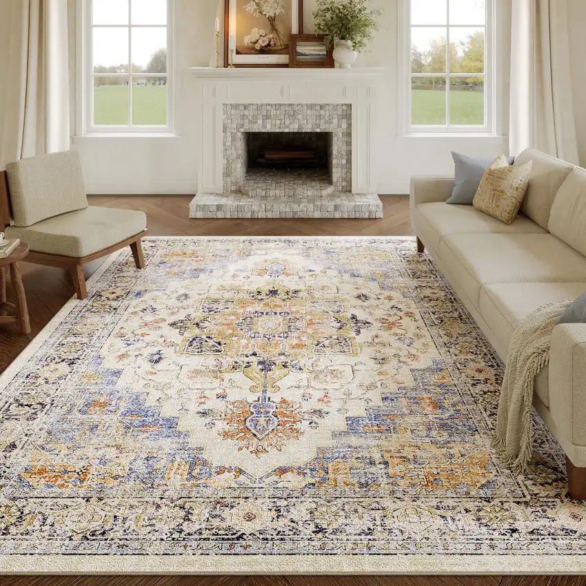Ivory Blue And Orange Medallion Washable Area Rug Photo 6