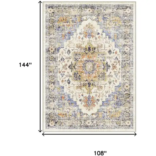 Ivory Blue And Orange Medallion Washable Area Rug Photo 3