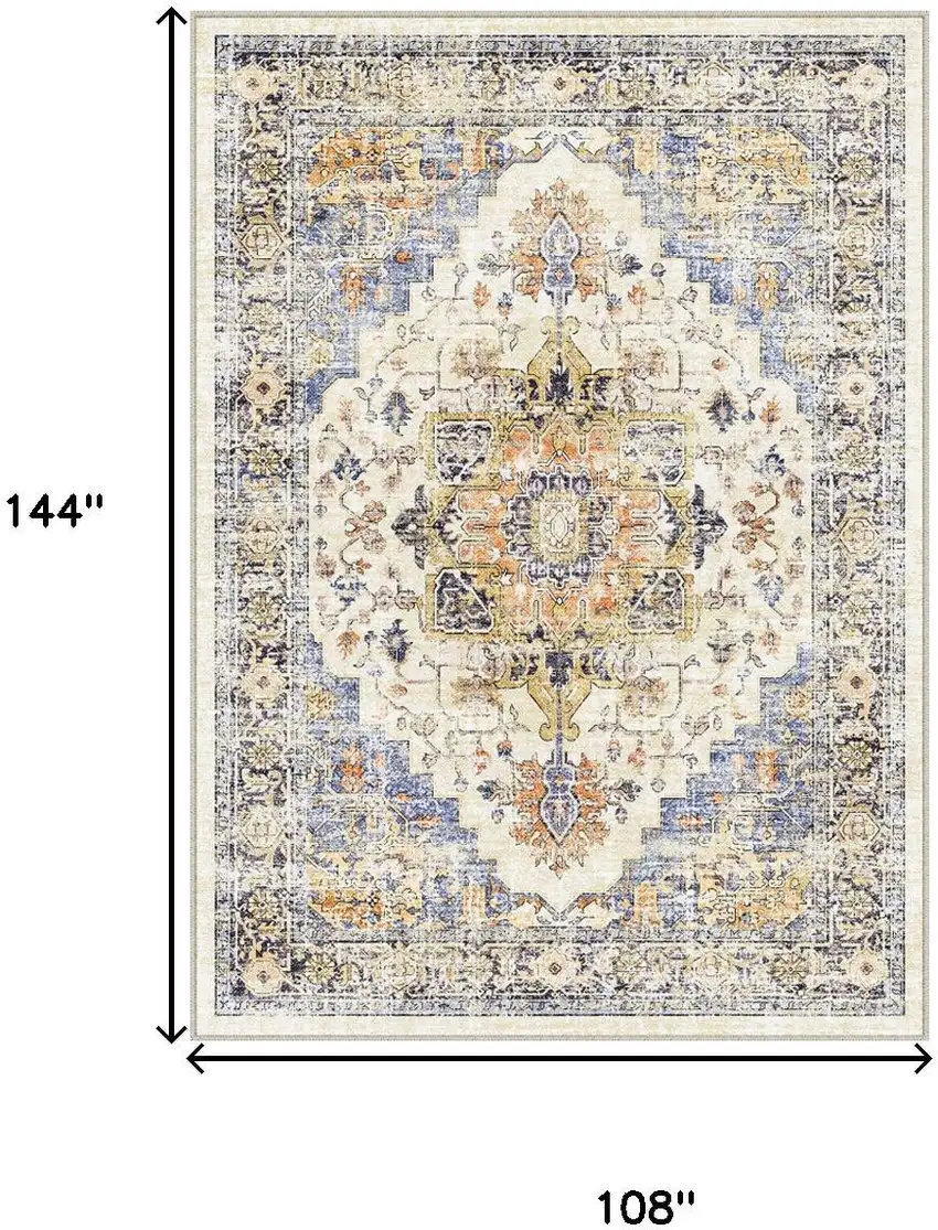 Ivory Blue And Orange Medallion Washable Area Rug Photo 3