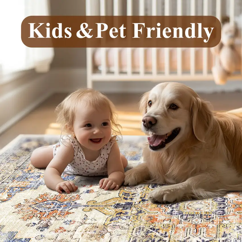 Ivory Blue And Orange Medallion Washable Area Rug Photo 7