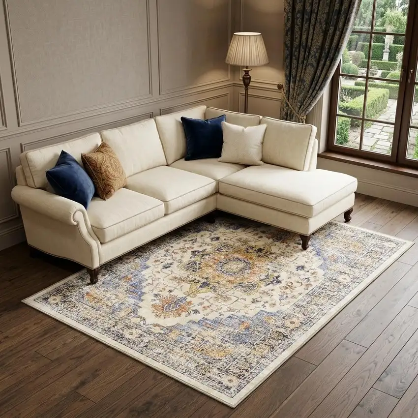 Ivory Blue And Orange Medallion Washable Area Rug Photo 1