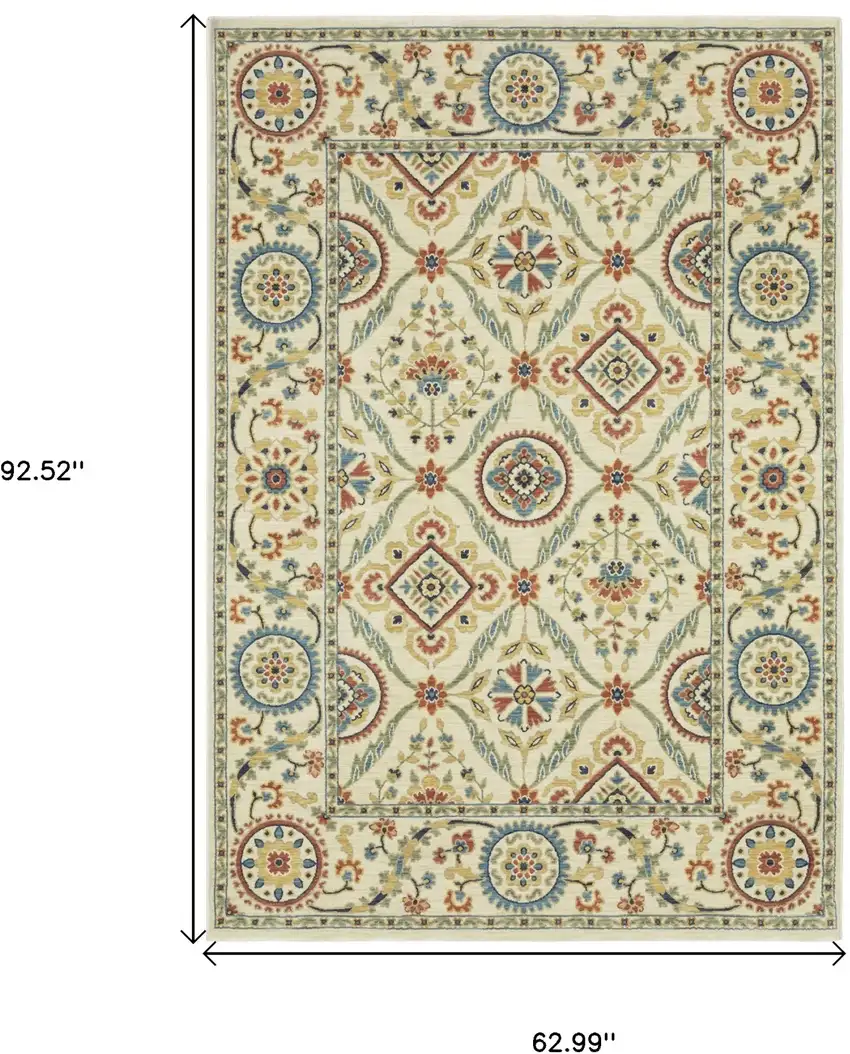 Ivory Blue And Orange Oriental Area Rug With Fringe Photo 3