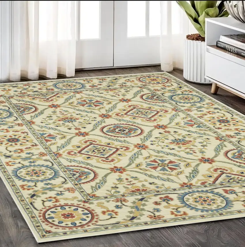 Ivory Blue And Orange Oriental Area Rug With Fringe Photo 1