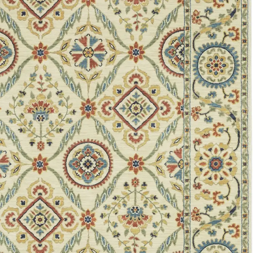 Ivory Blue And Orange Oriental Area Rug With Fringe Photo 7
