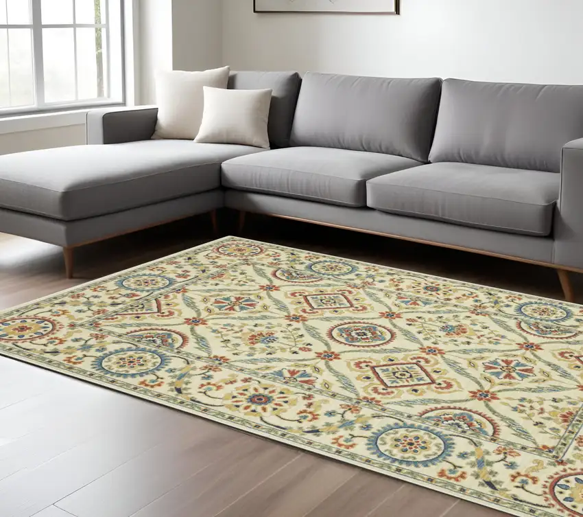 Ivory Blue And Orange Oriental Area Rug With Fringe Photo 1