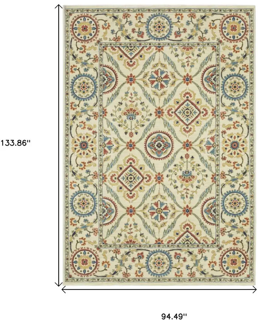 Ivory Blue And Orange Oriental Area Rug With Fringe Photo 3