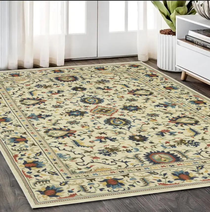 Ivory Blue And Orange Oriental Area Rug With Fringe Photo 1