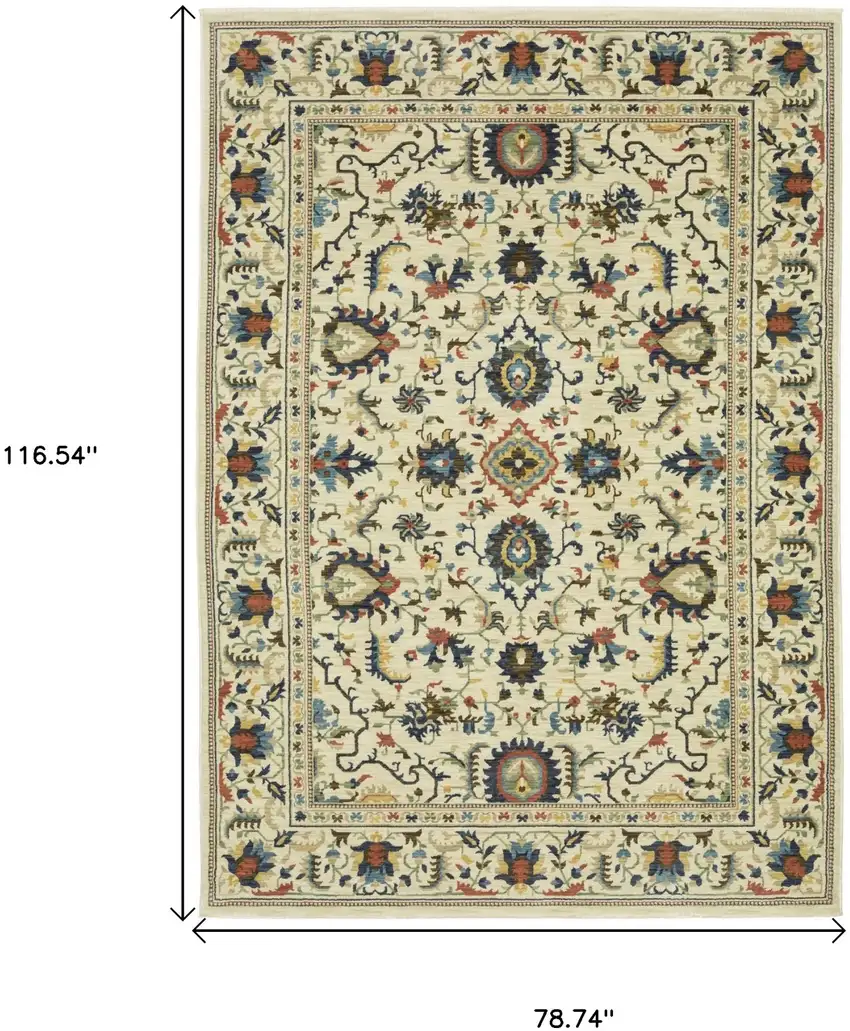 Ivory Blue And Orange Oriental Area Rug With Fringe Photo 3