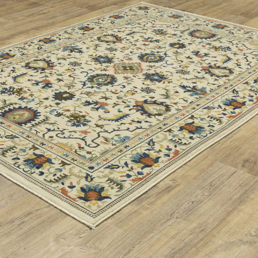 Ivory Blue And Orange Oriental Area Rug With Fringe Photo 9
