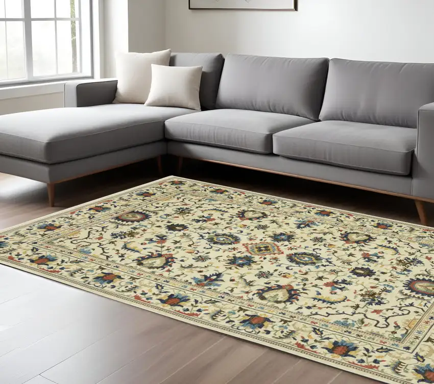 Ivory Blue And Orange Oriental Area Rug With Fringe Photo 1