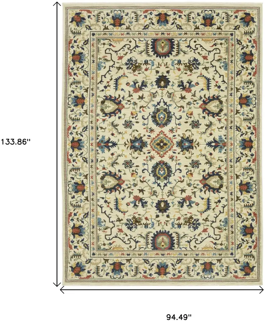 Ivory Blue And Orange Oriental Area Rug With Fringe Photo 3