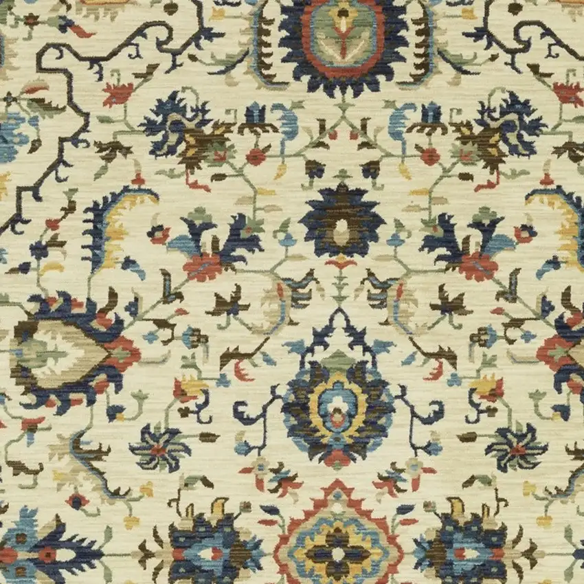 Ivory Blue And Orange Oriental Area Rug With Fringe Photo 7