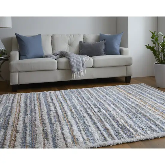Ivory Blue And Orange Striped Power Loom Stain Resistant Area Rug Photo 8