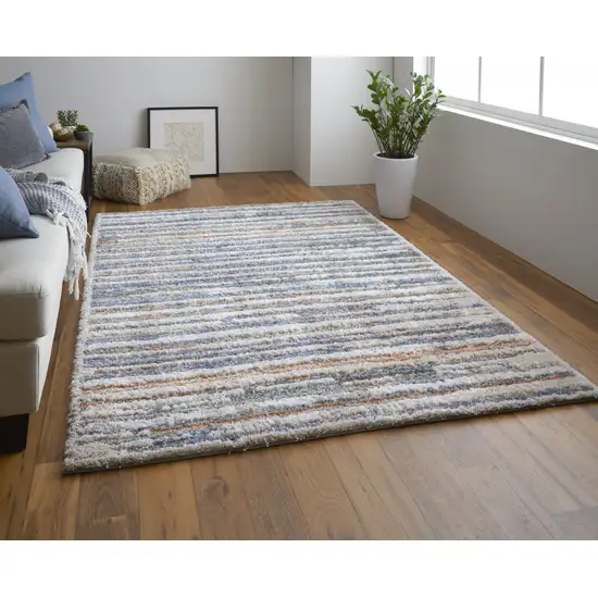 Ivory Blue And Orange Striped Power Loom Stain Resistant Area Rug Photo 7