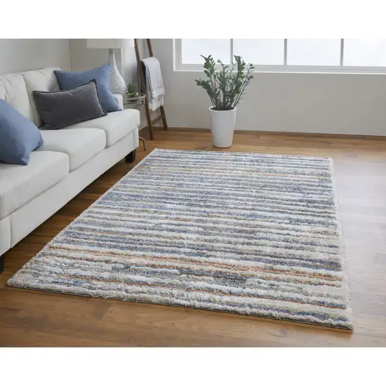 Ivory Blue And Orange Striped Power Loom Stain Resistant Area Rug Photo 6