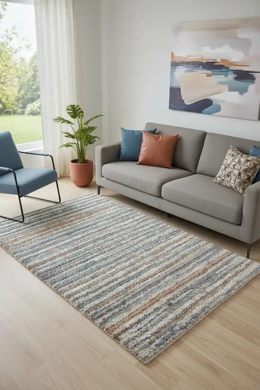 Ivory Blue And Orange Striped Power Loom Stain Resistant Area Rug Photo 1