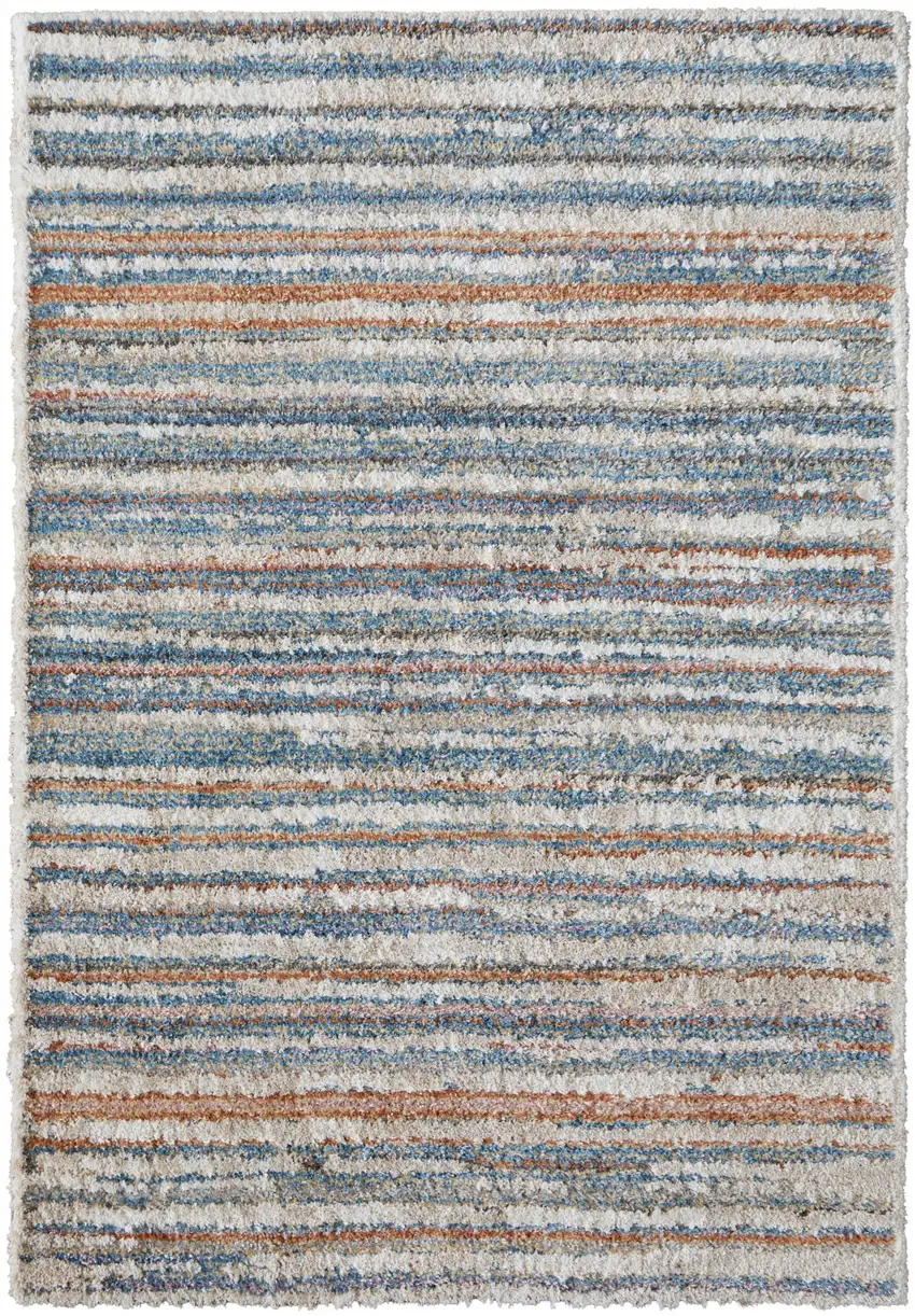 Ivory Blue And Orange Striped Power Loom Stain Resistant Area Rug Photo 1