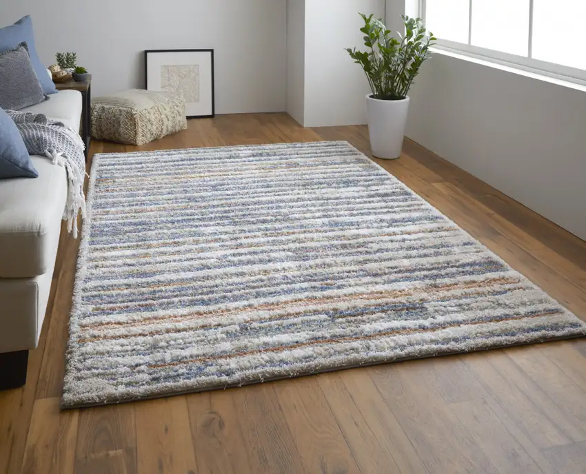 Ivory Blue And Orange Striped Power Loom Stain Resistant Area Rug Photo 7