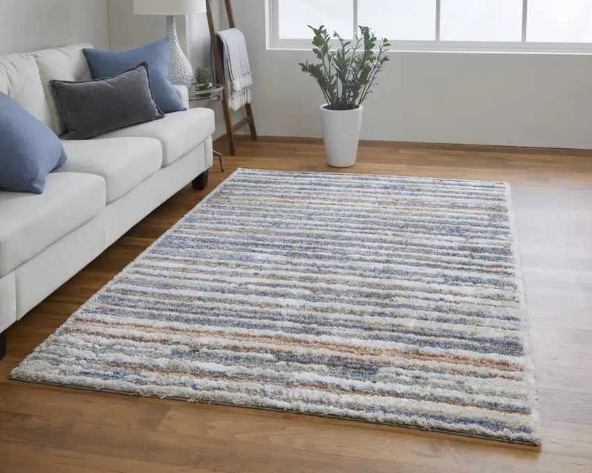 Ivory Blue And Orange Striped Power Loom Stain Resistant Area Rug Photo 6
