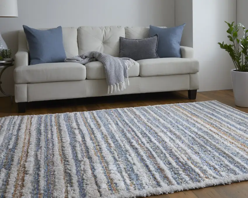 Ivory Blue And Orange Striped Power Loom Stain Resistant Area Rug Photo 8