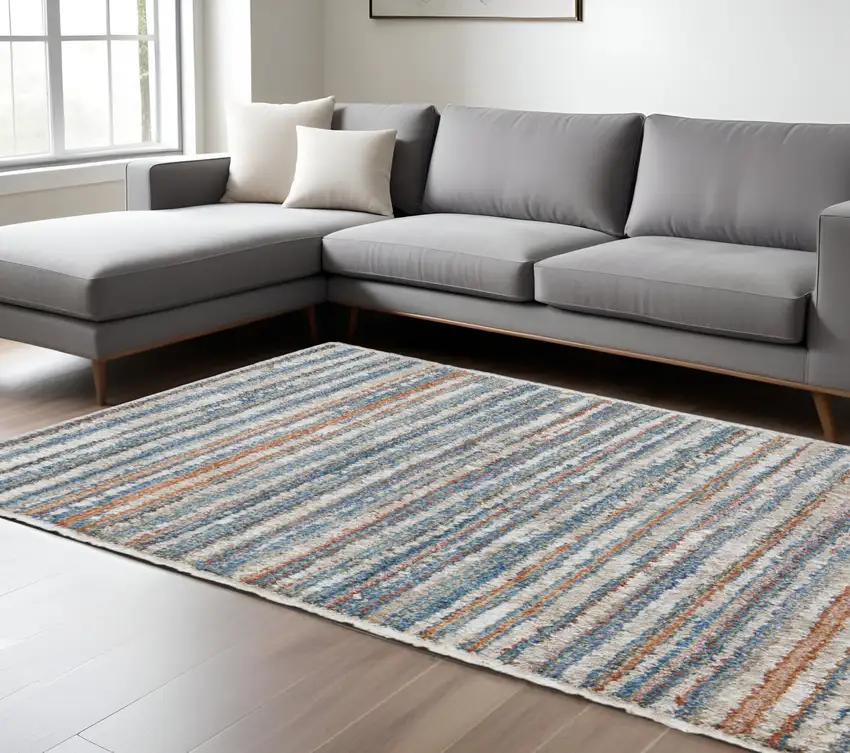 Ivory and Blue Striped Power Loom Area Rug Photo 1