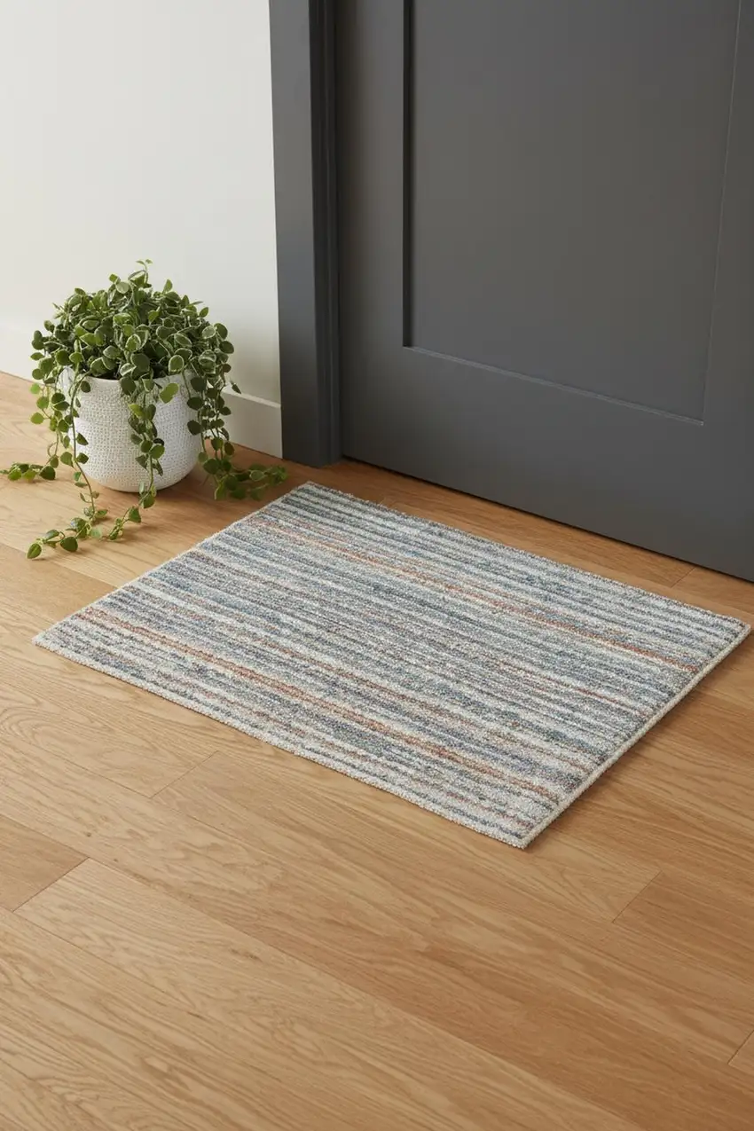 Ivory Blue And Orange Striped Power Loom Stain Resistant Area Rug Photo 1