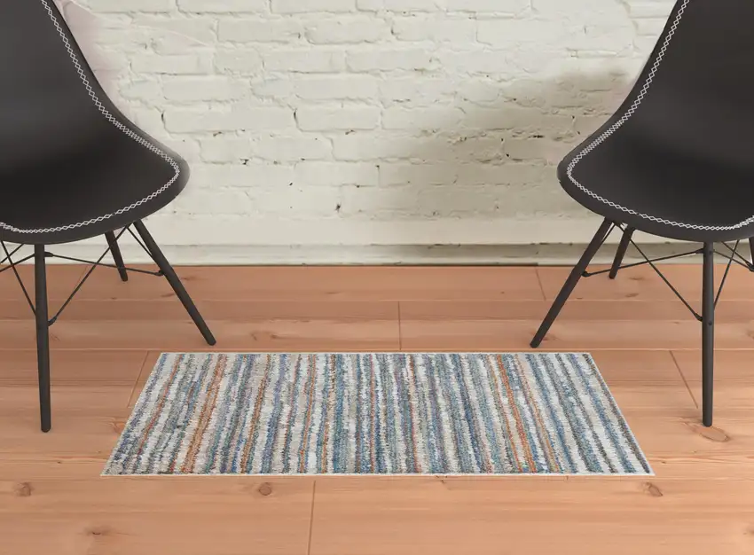 Ivory Blue And Orange Striped Power Loom Stain Resistant Area Rug Photo 2