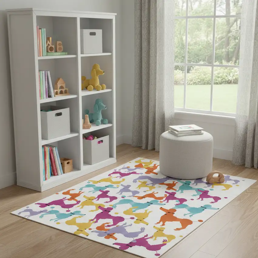 Ivory Blue And Pink Dogs Youthful Washable Area Rug Photo 1