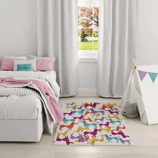 Ivory Blue And Pink Dogs Youthful Washable Area Rug Photo 6