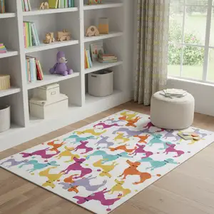 Photo of Ivory Blue And Pink Dogs Youthful Washable Area Rug