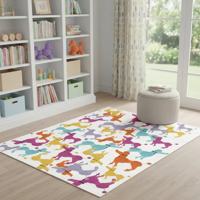 Ivory Blue And Pink Dogs Youthful Washable Area Rug Photo 1