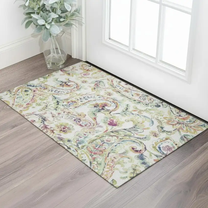 Ivory Blue And Pink Paisley Washable Area Rug With UV Protection Photo 1