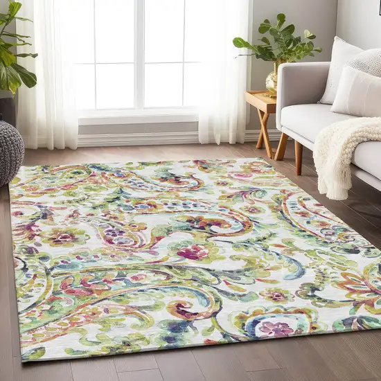 Ivory Blue And Pink Paisley Washable Area Rug With UV Protection Photo 6