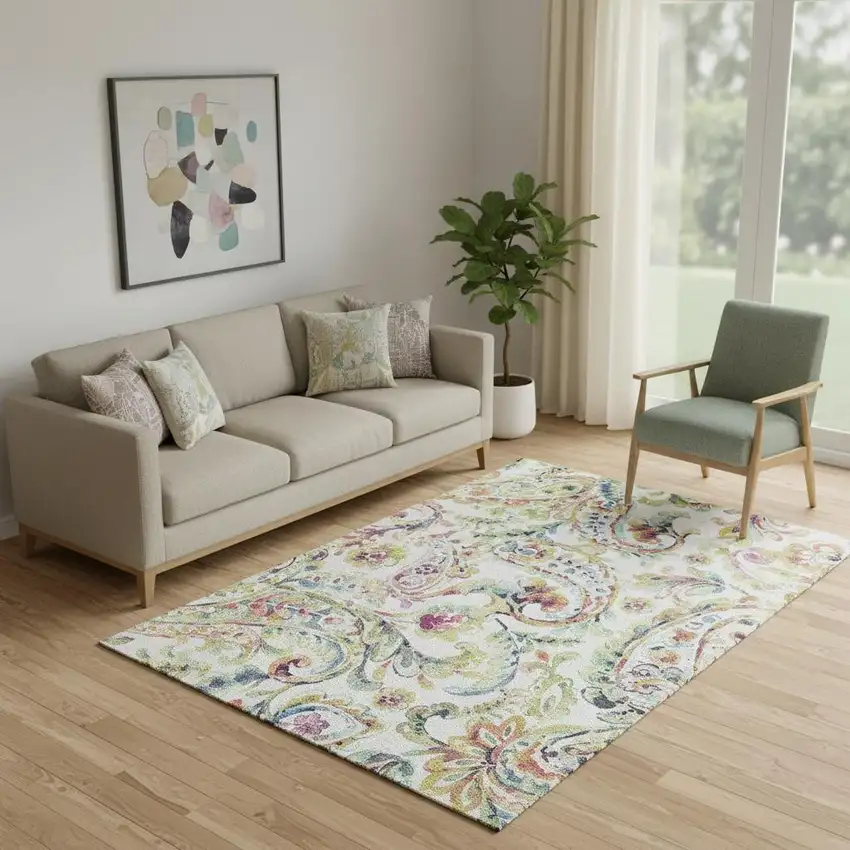 Ivory Blue And Pink Paisley Washable Area Rug With UV Protection Photo 1