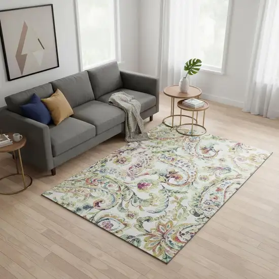 Ivory Blue And Pink Paisley Washable Area Rug With UV Protection Photo 2