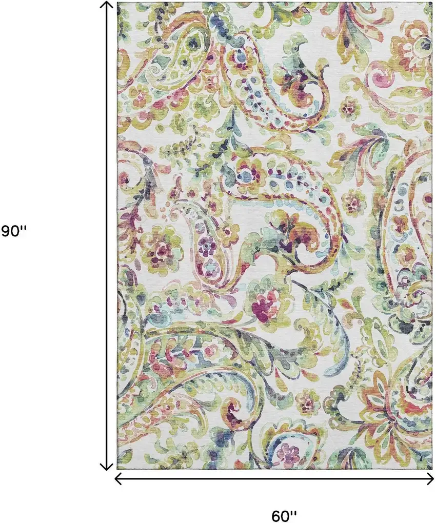 Ivory Blue And Pink Paisley Washable Area Rug With UV Protection Photo 3