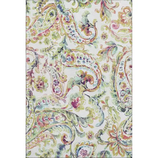 Ivory Blue And Pink Paisley Washable Area Rug With UV Protection Photo 1