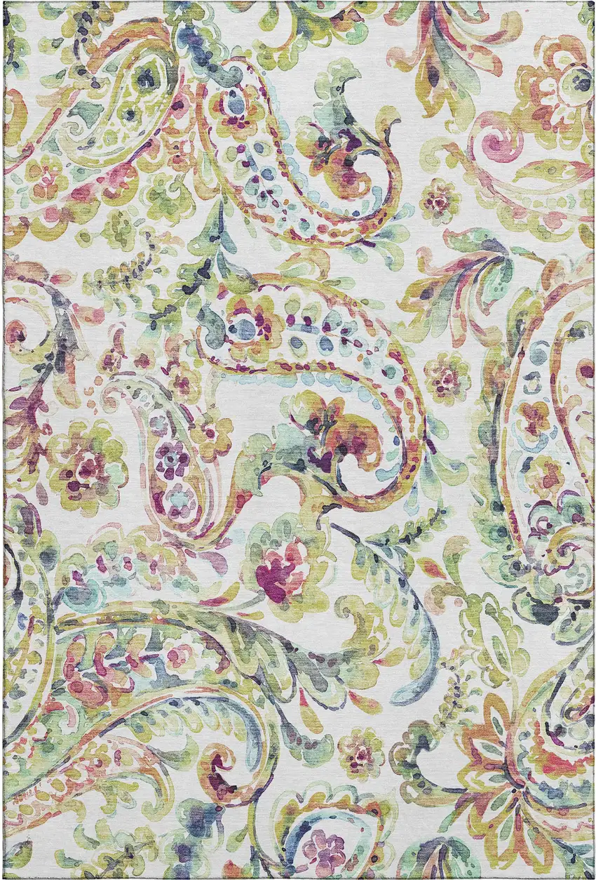 Ivory Blue And Pink Paisley Washable Area Rug With UV Protection Photo 1