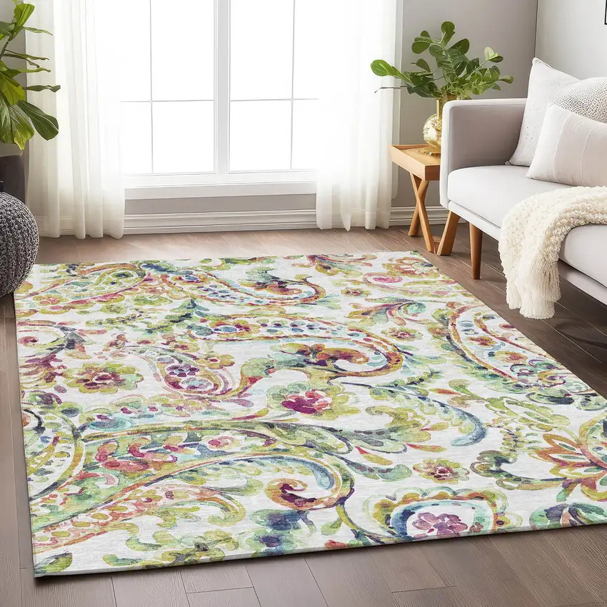 Ivory Blue And Pink Paisley Washable Area Rug With UV Protection Photo 5