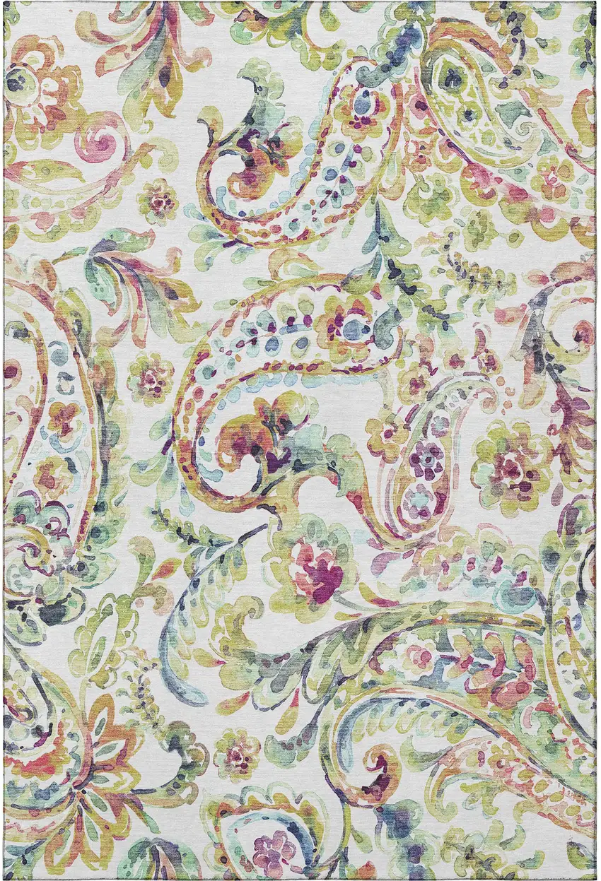 Ivory Blue And Pink Paisley Washable Area Rug With UV Protection Photo 3