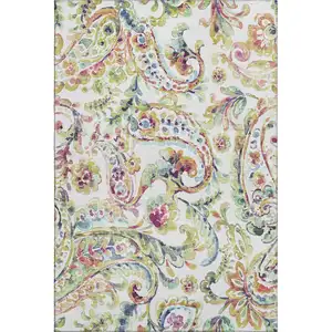 Photo of Ivory Blue And Pink Paisley Washable Area Rug With UV Protection