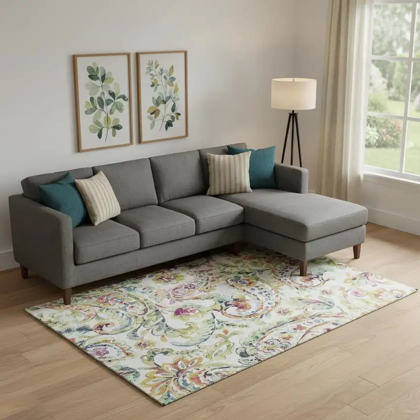 Ivory Blue And Pink Paisley Washable Area Rug With UV Protection Photo 1